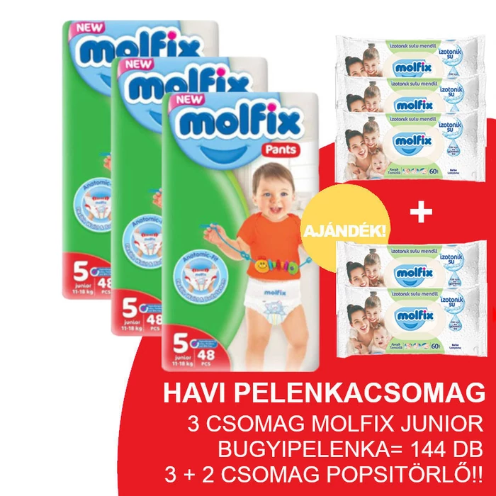 Molfix Havi pelenkacsomag Pants, 3+2 csomag zöld popsitörlővel! (5-ös) 11 - 18 kg