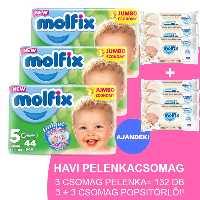 Molfix Havi pelenkacsomag 3+3 csomag popsitörlővel! (5-ös) 11 - 18 kg