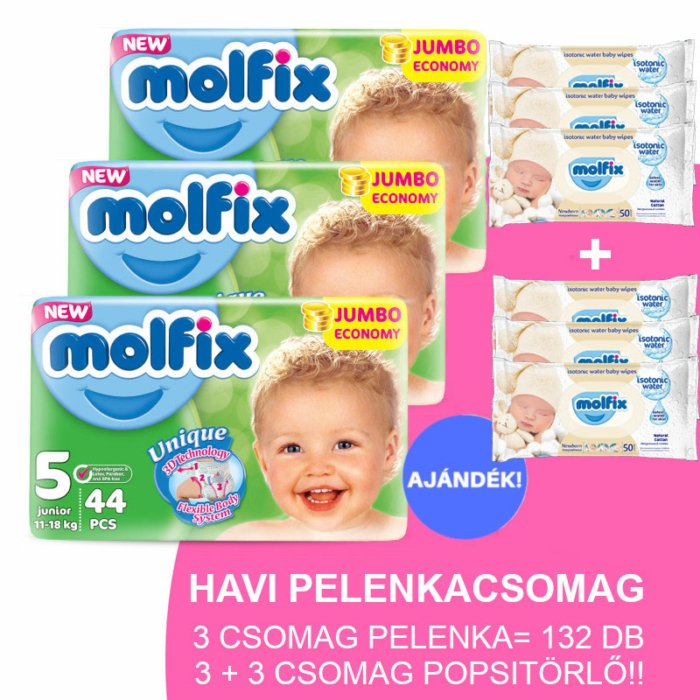 Molfix Havi pelenkacsomag 3+3 csomag popsitörlővel! (5-ös) 11 - 18 kg