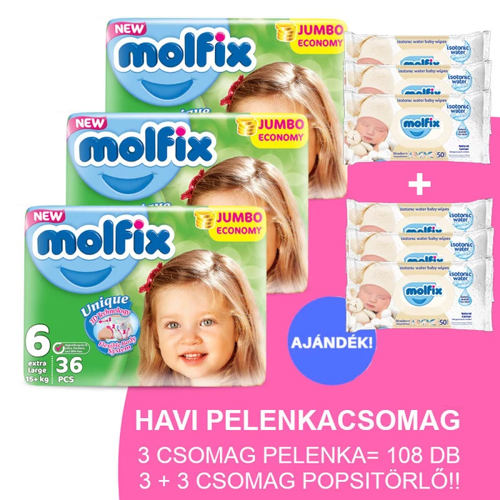 Molfix Havi pelenkacsomag 3+3 csomag popsitörlővel! (6-os) 15 - 30 kg