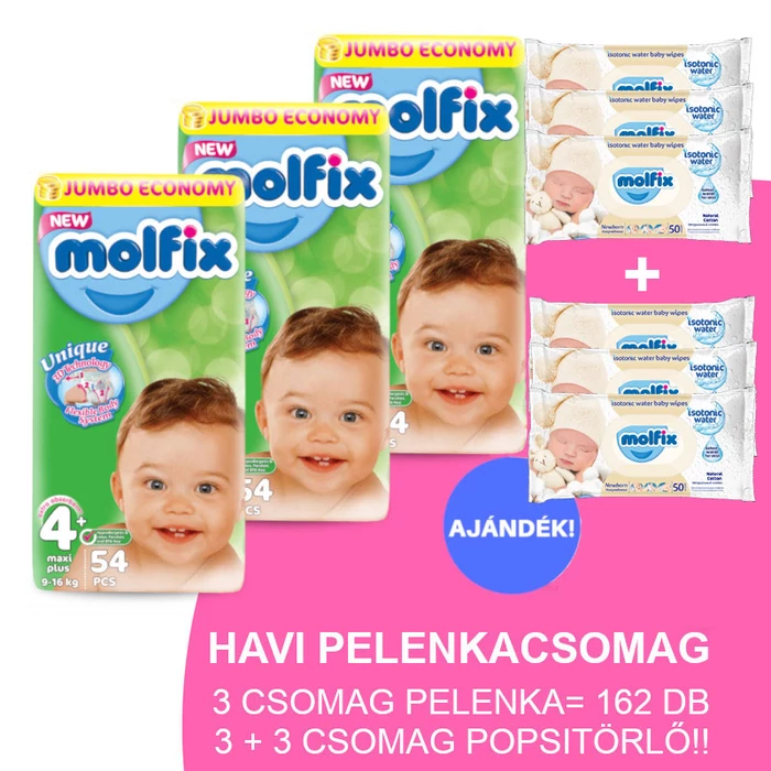 Molfix Havi pelenkacsomag 3+3 csomag popsitörlővel! (4+-os) 9 - 16 kg