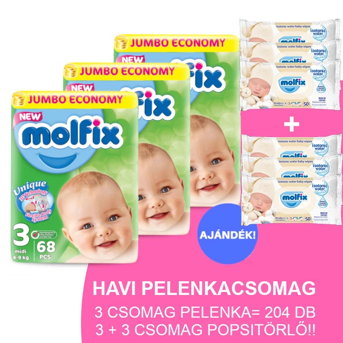 Molfix Havi pelenkacsomag 3+3 csomag popsitörlővel! (3-as) 4 - 9 kg