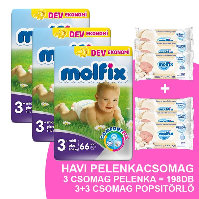 Molfix Havi pelenkacsomag 3+3 csomag popsitörlővel! (3+-os) 5 - 10 kg