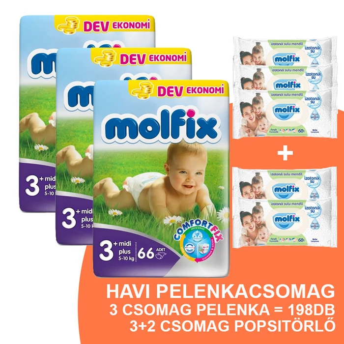 Molfix Havi pelenkacsomag 3+2 csomag zöld popsitörlővel! (3+-os) 5 - 10 kg
